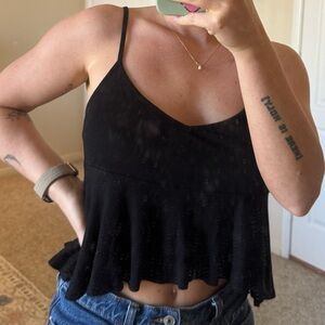 Topshop Black Ruffle-Hem Spaghetti Strap Crop Tank